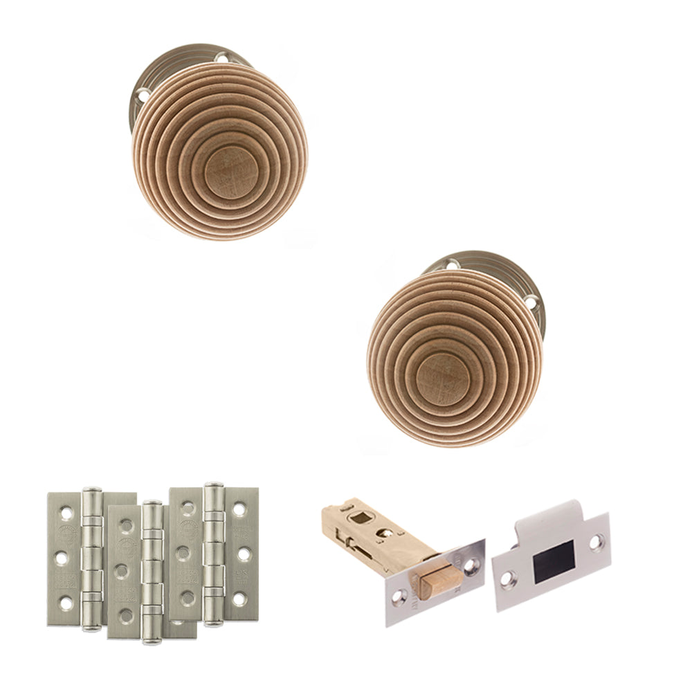 Quality image of Old English Bridlington Door Knob Pack (Latch Set - 4" HD Latch, 3" Fire Rated Hinges x3) - Satin Nickel | Sku. adpoe57rmksn55 | available from Trade Door Handles.