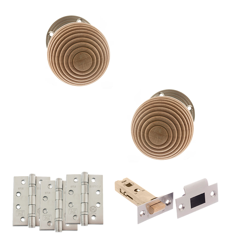 Quality image of Old English Bridlington Door Knob Pack (Latch Set - 4" HD Latch, 4" Fire Rated Hinges x3) - Satin Nickel | Sku. adpoe57rmksn57 | available from Trade Door Handles.