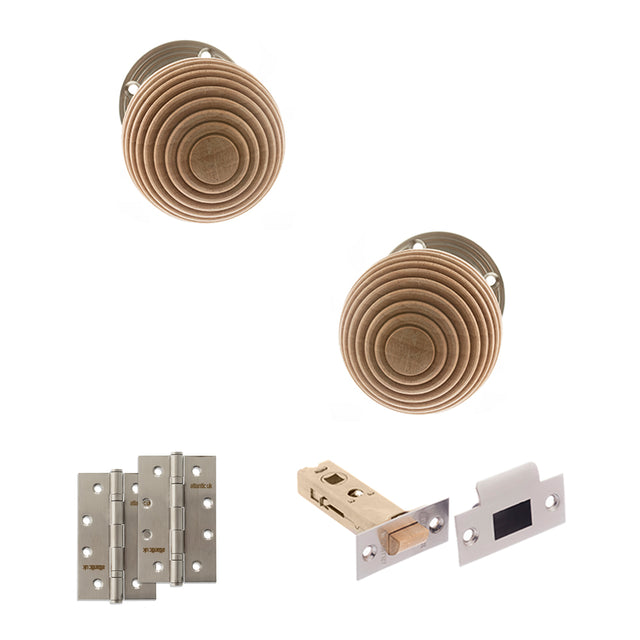 Quality image of Old English Bridlington Door Knob Pack (Latch Set - 4" HD Latch, 4" Slim Knuckle Hinges x2) - Satin Nickel | Sku. adpoe57rmksn59 | available from Trade Door Handles.