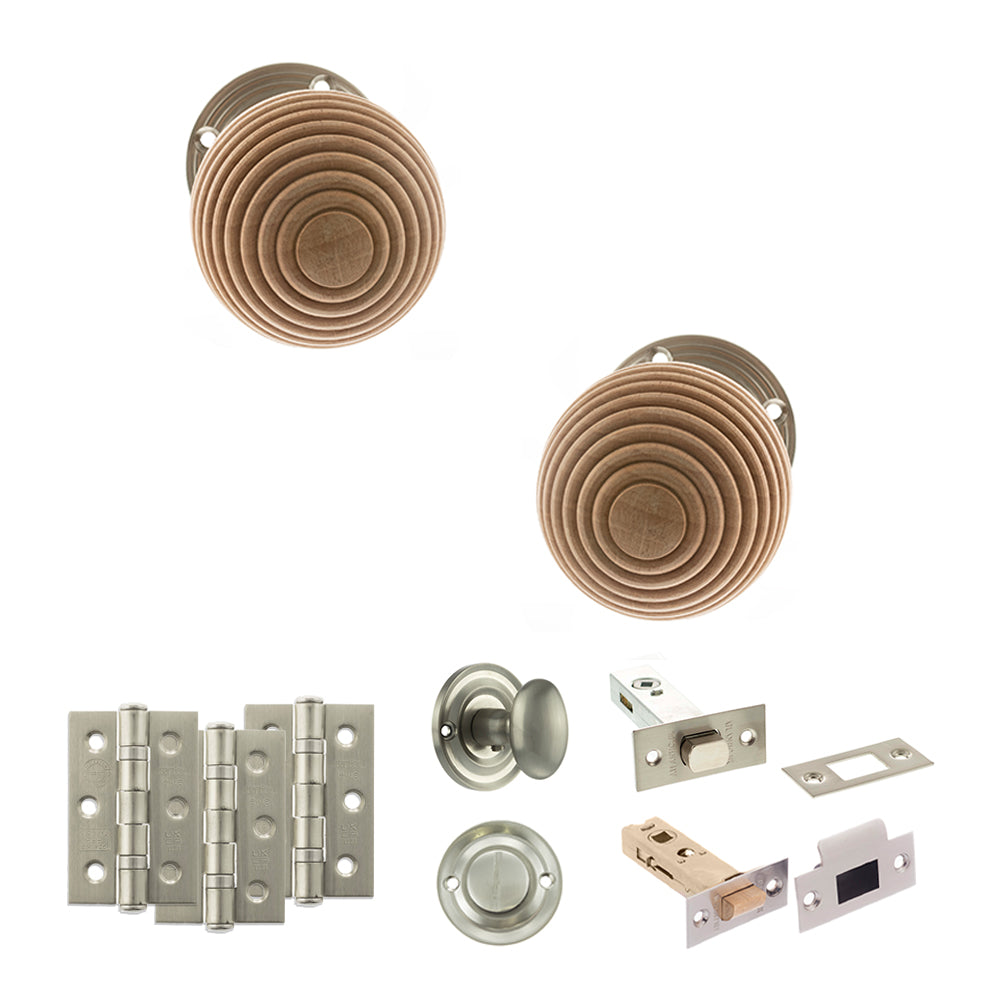 Quality image of Old English Bridlington Door Knob Pack (Bathroom Set - 4" Deadbolt, 3" Fire Rated Hinges x3) - Satin Nickel | Sku. adpoe57rmksn61 | available from Trade Door Handles.