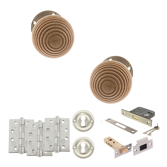 Quality image of Old English Bridlington Door Knob Pack (Lock Set - 3" Latch & Deadlock, 4" Fire Rated Hinges x3) - Satin Nickel | Sku. adpoe57rmksn67 | available from Trade Door Handles.