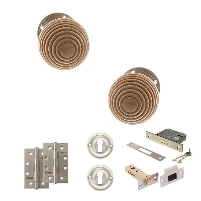 Quality image of Old English Bridlington Door Knob Pack (Lock Set - 3" Latch & Deadlock, 4" Slim Knuckle Hinges x2) - Satin Nickel | Sku. adpoe57rmksn68 | available from Trade Door Handles.