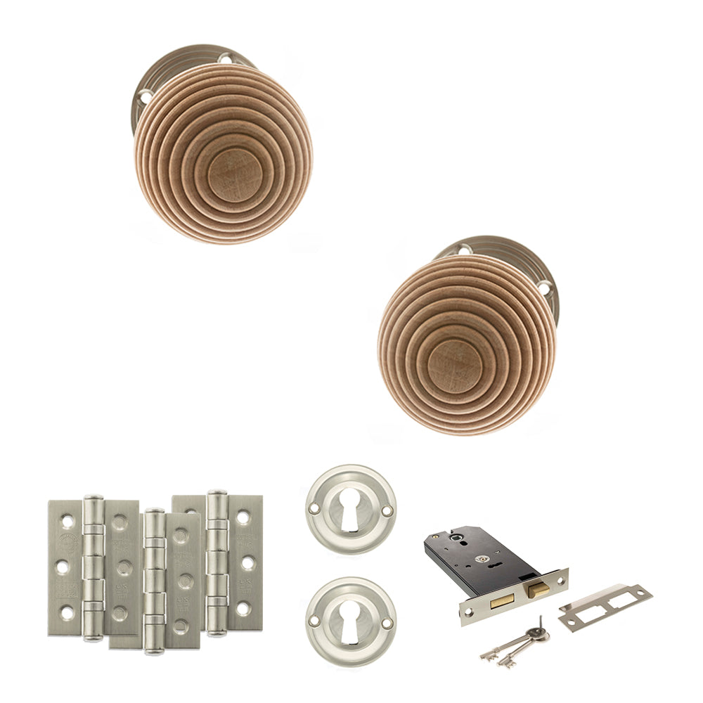 Quality image of Old English Bridlington Door Knob Pack (Lock Set - Horizontal Sashlock, 3" Fire Rated Hinges x3) - Satin Nickel | Sku. adpoe57rmksn69 | available from Trade Door Handles.