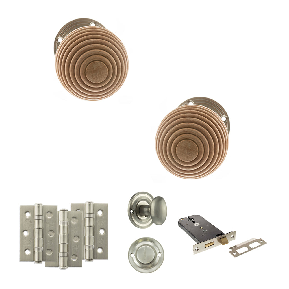 Quality image of Old English Bridlington Door Knob Pack (Lock Set - Horizontal Bathlock, 3" Fire Rated Hinges x3) - Satin Nickel | Sku. adpoe57rmksn70 | available from Trade Door Handles.