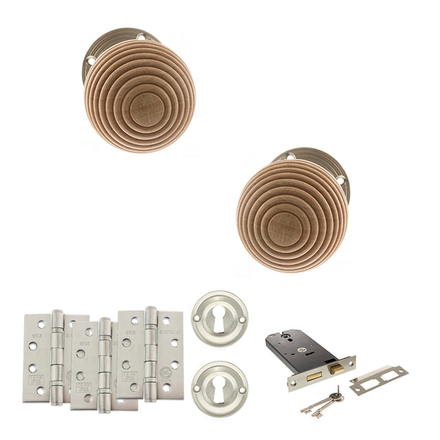 Quality image of Old English Bridlington Door Knob Pack (Lock Set - Horizontal Sashlock, 4" Fire Rated Hinges x3) - Satin Nickel | Sku. adpoe57rmksn71 | available from Trade Door Handles.