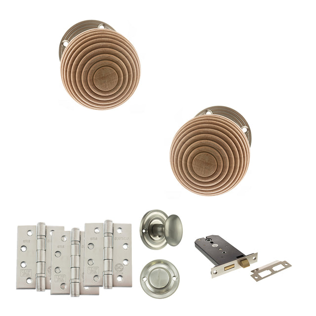Quality image of Old English Bridlington Door Knob Pack (Lock Set - Horizontal Bathlock, 4" Fire Rated Hinges x3) - Satin Nickel | Sku. adpoe57rmksn72 | available from Trade Door Handles.