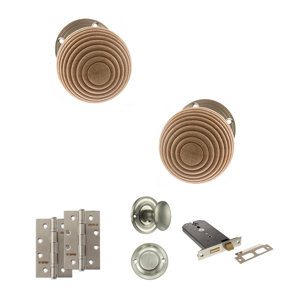 Quality image of Old English Bridlington Door Knob Pack (Lock Set - Horizontal Bathlock, 4" Slim Knuckle Hinges x2) - Satin Nickel | Sku. adpoe57rmksn74 | available from Trade Door Handles.
