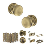 Quality image of Old English Harrogate Door Knob Pack (Bathroom Set - 3" Deadbolt, 4" Fire Rated Hinges x3) - Antique Brass | Sku. adpoe58mmkab62 | available from Trade Door Handles.