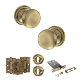 Quality image of Old English Harrogate Door Knob Pack (Lock Set - Horizontal Sashlock, 3" Fire Rated Hinges x3) - Antique Brass | Sku. adpoe58mmkab69 | available from Trade Door Handles.