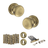 Quality image of Old English Harrogate Door Knob Pack (Lock Set - Horizontal Sashlock, 4" Fire Rated Hinges x3) - Antique Brass | Sku. adpoe58mmkab71 | available from Trade Door Handles.
