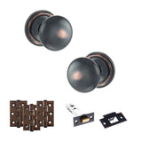 Quality image of Old English Harrogate Door Knob Pack (Latch Set - 4" HD Latch, 3" Fire Rated Hinges x3) - Antique Copper | Sku. adpoe58mmkac55 | available from Trade Door Handles.