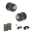 Quality image of Old English Harrogate Door Knob Pack (Latch Set - 3" HD Latch, 4" Slim Knuckle Hinges x2) - Antique Copper | Sku. adpoe58mmkac58 | available from Trade Door Handles.