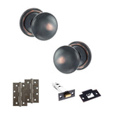 Quality image of Old English Harrogate Door Knob Pack (Latch Set - 3" HD Latch, 4" Slim Knuckle Hinges x2) - Antique Copper | Sku. adpoe58mmkac58 | available from Trade Door Handles.