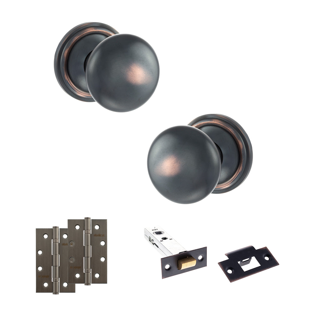 Quality image of Old English Harrogate Door Knob Pack (Latch Set - 4" HD Latch, 4" Slim Knuckle Hinges x2) - Antique Copper | Sku. adpoe58mmkac59 | available from Trade Door Handles.