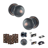 Quality image of Old English Harrogate Door Knob Pack (Bathroom Set - 3" Deadbolt, 3" Fire Rated Hinges x3) - Antique Copper | Sku. adpoe58mmkac60 | available from Trade Door Handles.