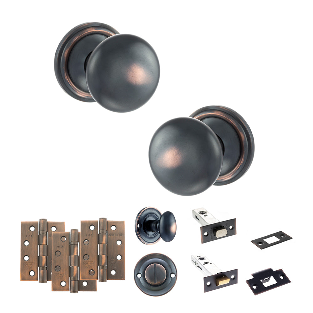 Quality image of Old English Harrogate Door Knob Pack (Bathroom Set - 4" Deadbolt, 4" Fire Rated Hinges x3) - Antique Copper | Sku. adpoe58mmkac63 | available from Trade Door Handles.