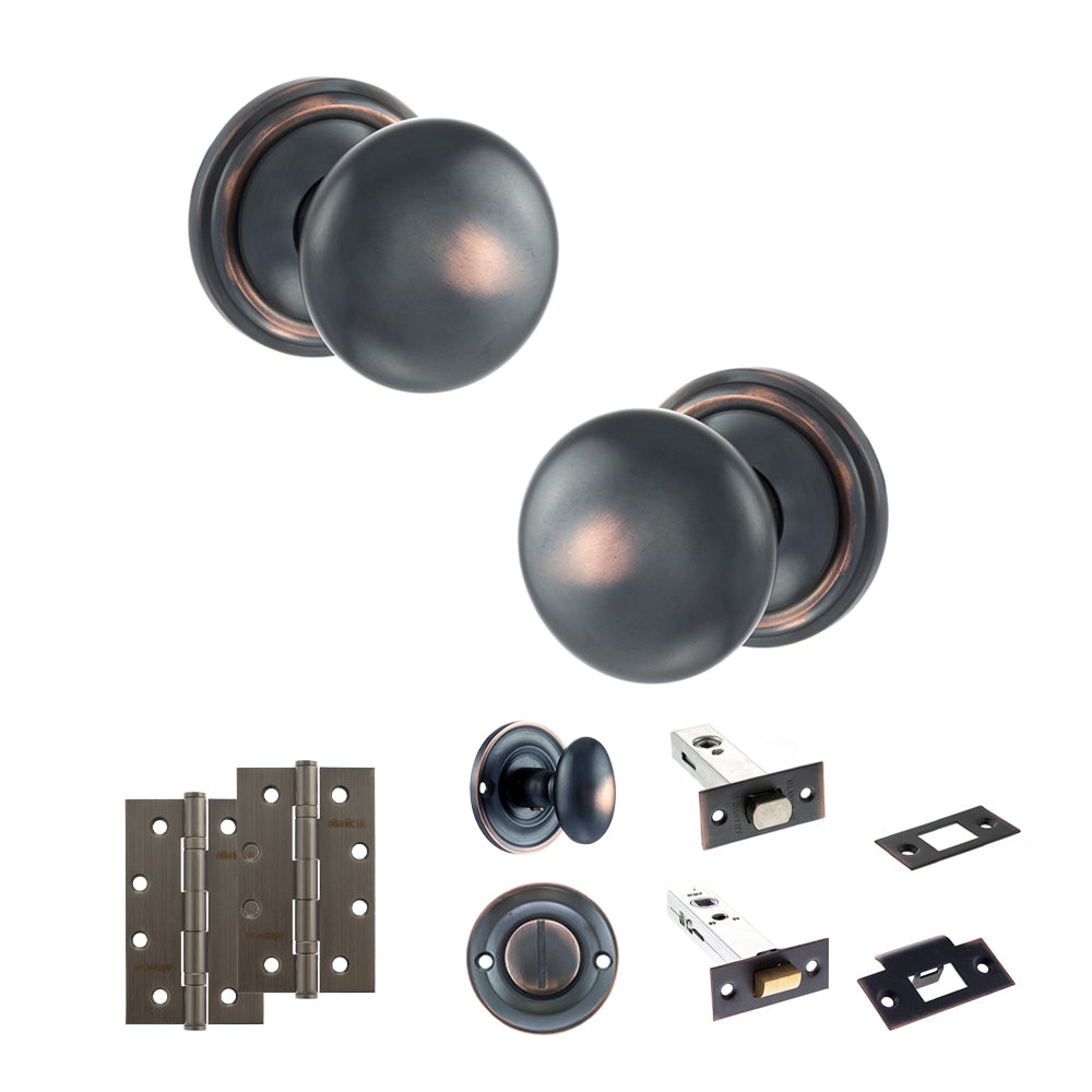 Quality image of Old English Harrogate Door Knob Pack (Bathroom Set - 3" Deadbolt, 4" Slim Knuckle Hinges x2) - Antique Copper | Sku. adpoe58mmkac64 | available from Trade Door Handles.