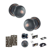 Quality image of Old English Harrogate Door Knob Pack (Bathroom Set - 3" Deadbolt, 4" Slim Knuckle Hinges x2) - Antique Copper | Sku. adpoe58mmkac64 | available from Trade Door Handles.
