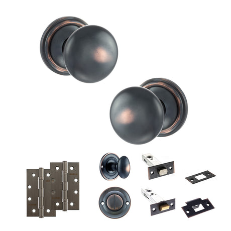 Quality image of Old English Harrogate Door Knob Pack (Bathroom Set - 3" Deadbolt, 4" Slim Knuckle Hinges x2) - Antique Copper | Sku. adpoe58mmkac64 | available from Trade Door Handles.