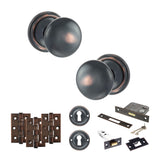Quality image of Old English Harrogate Door Knob Pack (Lock Set - 3" Latch & Deadlock, 3" Fire Rated Hinges x3) - Antique Copper | Sku. adpoe58mmkac66 | available from Trade Door Handles.