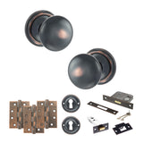 Quality image of Old English Harrogate Door Knob Pack (Lock Set - 3" Latch & Deadlock, 4" Fire Rated Hinges x3) - Antique Copper | Sku. adpoe58mmkac67 | available from Trade Door Handles.