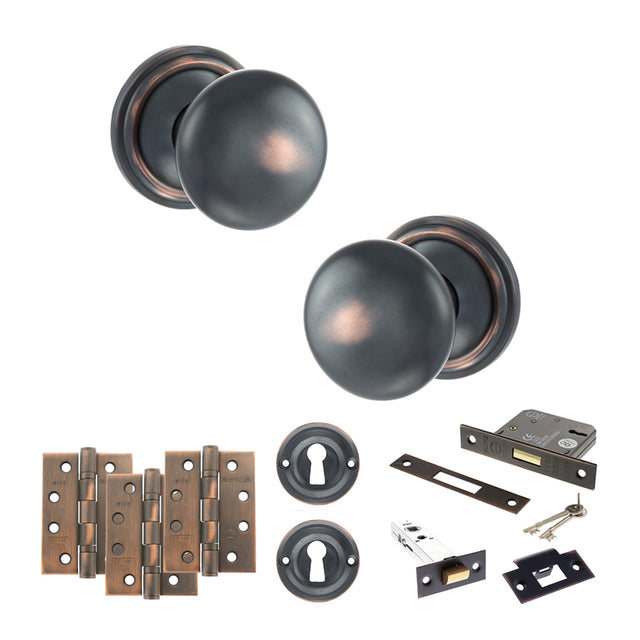 Quality image of Old English Harrogate Door Knob Pack (Lock Set - 3" Latch & Deadlock, 4" Fire Rated Hinges x3) - Antique Copper | Sku. adpoe58mmkac67 | available from Trade Door Handles.