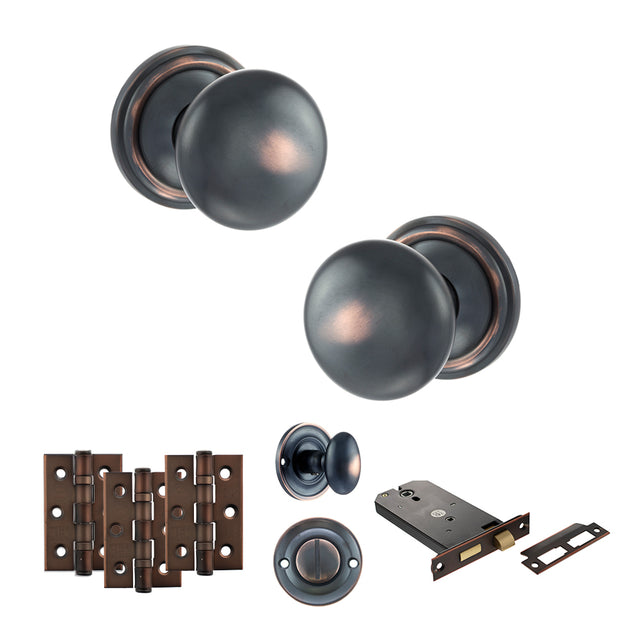 Quality image of Old English Harrogate Door Knob Pack (Lock Set - Horizontal Bathlock, 3" Fire Rated Hinges x3) - Antique Copper | Sku. adpoe58mmkac70 | available from Trade Door Handles.