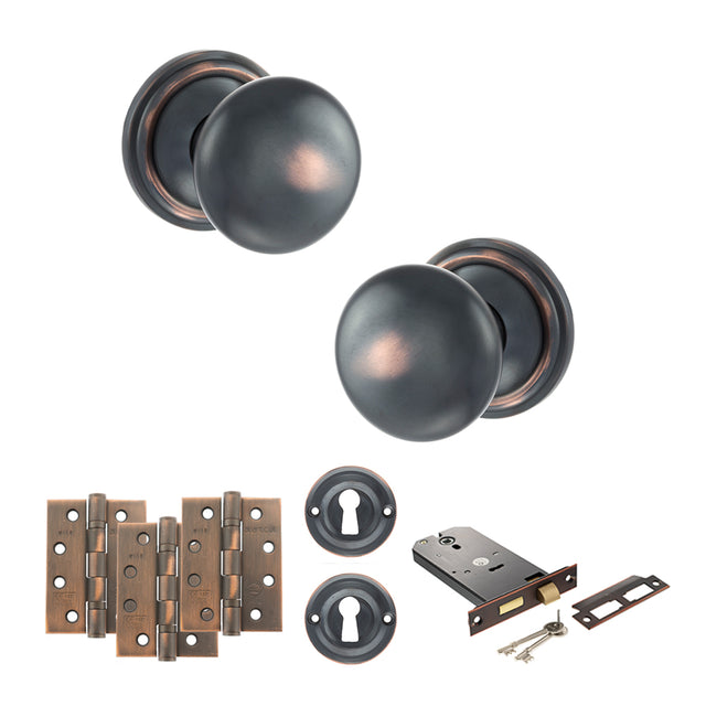 Quality image of Old English Harrogate Door Knob Pack (Lock Set - Horizontal Sashlock, 4" Fire Rated Hinges x3) - Antique Copper | Sku. adpoe58mmkac71 | available from Trade Door Handles.
