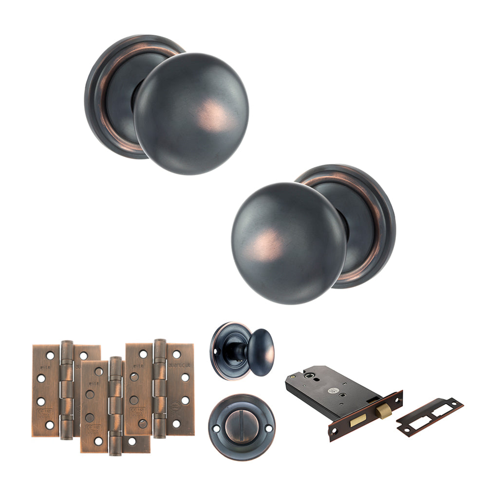Quality image of Old English Harrogate Door Knob Pack (Lock Set - Horizontal Bathlock, 4" Fire Rated Hinges x3) - Antique Copper | Sku. adpoe58mmkac72 | available from Trade Door Handles.