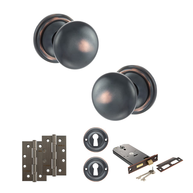 Quality image of Old English Harrogate Door Knob Pack (Lock Set - Horizontal Sashlock, 4" Slim Knuckle Hinges x2) - Antique Copper | Sku. adpoe58mmkac73 | available from Trade Door Handles.