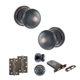 Quality image of Old English Harrogate Door Knob Pack (Lock Set - Horizontal Bathlock, 4" Slim Knuckle Hinges x2) - Antique Copper | Sku. adpoe58mmkac74 | available from Trade Door Handles.