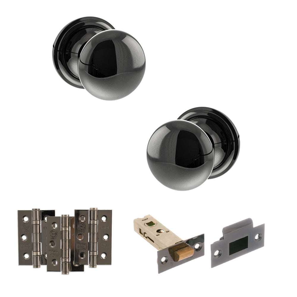 Quality image of Old English Harrogate Door Knob Pack (Latch Set - 4" HD Latch, 3" Fire Rated Hinges x3) - Black Nickel | Sku. adpoe58mmkbn55 | available from Trade Door Handles.