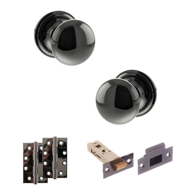 Quality image of Old English Harrogate Door Knob Pack (Latch Set - 3" HD Latch, 4" Slim Knuckle Hinges x2) - Black Nickel | Sku. adpoe58mmkbn58 | available from Trade Door Handles.