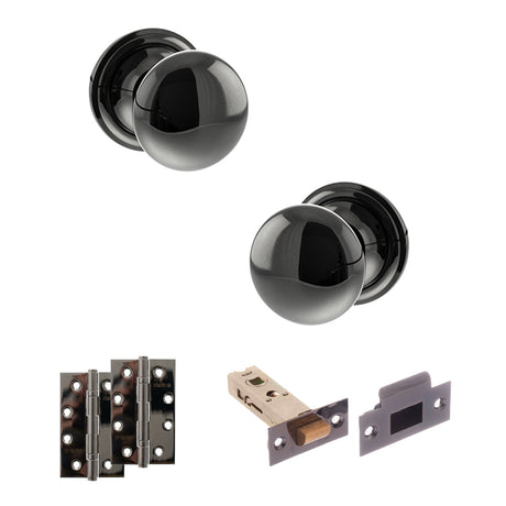 Quality image of Old English Harrogate Door Knob Pack (Latch Set - 4" HD Latch, 4" Slim Knuckle Hinges x2) - Black Nickel | Sku. adpoe58mmkbn59 | available from Trade Door Handles.