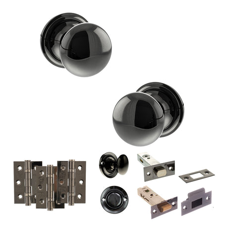 Quality image of Old English Harrogate Door Knob Pack (Bathroom Set - 4" Deadbolt, 3" Fire Rated Hinges x3) - Black Nickel | Sku. adpoe58mmkbn61 | available from Trade Door Handles.