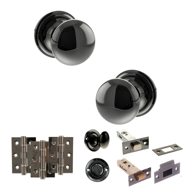 Quality image of Old English Harrogate Door Knob Pack (Bathroom Set - 4" Deadbolt, 3" Fire Rated Hinges x3) - Black Nickel | Sku. adpoe58mmkbn61 | available from Trade Door Handles.