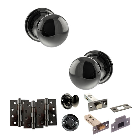 Quality image of Old English Harrogate Door Knob Pack (Bathroom Set - 3" Deadbolt, 4" Fire Rated Hinges x3) - Black Nickel | Sku. adpoe58mmkbn62 | available from Trade Door Handles.