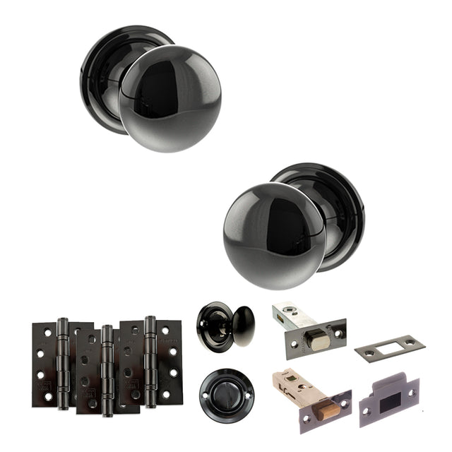 Quality image of Old English Harrogate Door Knob Pack (Bathroom Set - 3" Deadbolt, 4" Fire Rated Hinges x3) - Black Nickel | Sku. adpoe58mmkbn62 | available from Trade Door Handles.