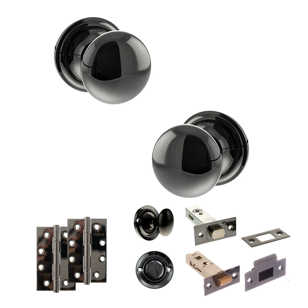 Quality image of Old English Harrogate Door Knob Pack (Bathroom Set - 4" Deadbolt, 4" Slim Knuckle Hinges x2) - Black Nickel | Sku. adpoe58mmkbn65 | available from Trade Door Handles.