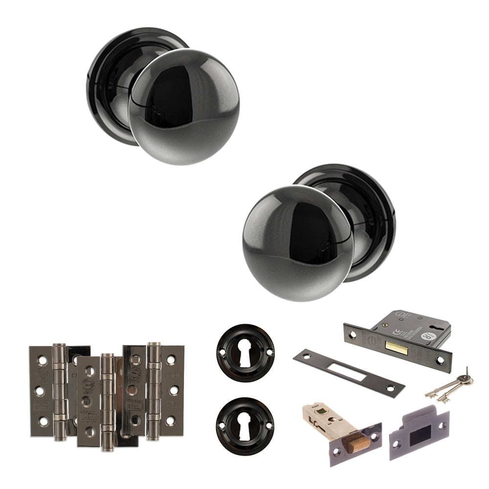 Quality image of Old English Harrogate Door Knob Pack (Lock Set - 3" Latch & Deadlock, 3" Fire Rated Hinges x3) - Black Nickel | Sku. adpoe58mmkbn66 | available from Trade Door Handles.