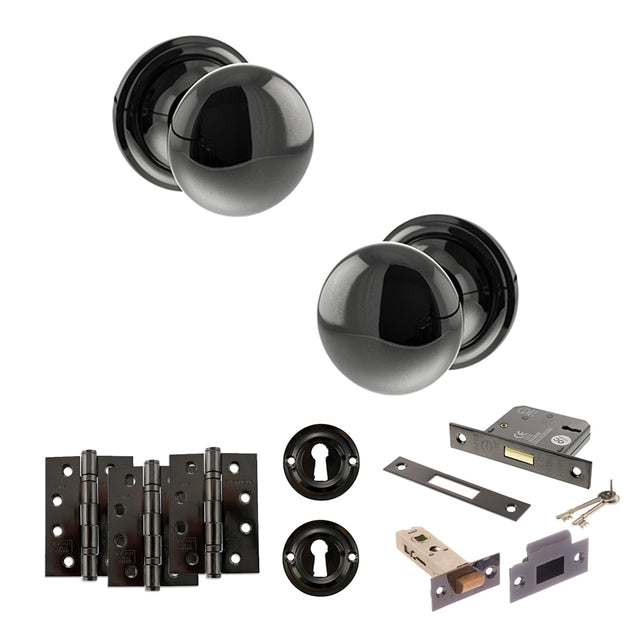 Quality image of Old English Harrogate Door Knob Pack (Lock Set - 3" Latch & Deadlock, 4" Fire Rated Hinges x3) - Black Nickel | Sku. adpoe58mmkbn67 | available from Trade Door Handles.