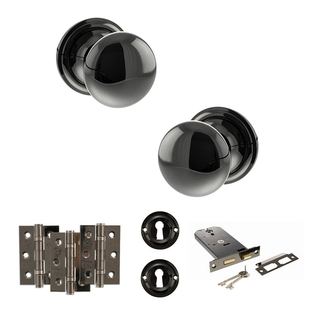 Quality image of Old English Harrogate Door Knob Pack (Lock Set - Horizontal Sashlock, 3" Fire Rated Hinges x3) - Black Nickel | Sku. adpoe58mmkbn69 | available from Trade Door Handles.