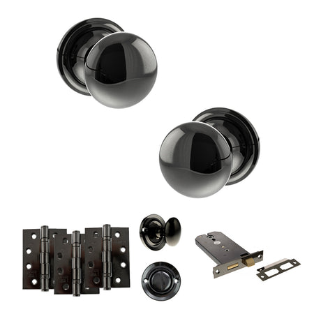 Quality image of Old English Harrogate Door Knob Pack (Lock Set - Horizontal Bathlock, 4" Fire Rated Hinges x3) - Black Nickel | Sku. adpoe58mmkbn72 | available from Trade Door Handles.