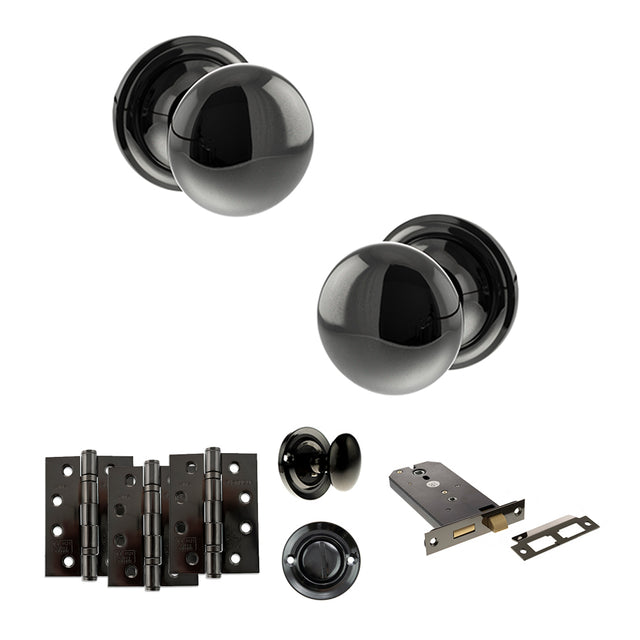 Quality image of Old English Harrogate Door Knob Pack (Lock Set - Horizontal Bathlock, 4" Fire Rated Hinges x3) - Black Nickel | Sku. adpoe58mmkbn72 | available from Trade Door Handles.
