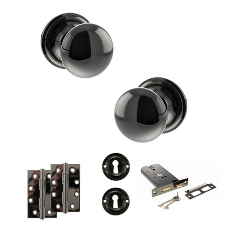 Quality image of Old English Harrogate Door Knob Pack (Lock Set - Horizontal Sashlock, 4" Slim Knuckle Hinges x2) - Black Nickel | Sku. adpoe58mmkbn73 | available from Trade Door Handles.