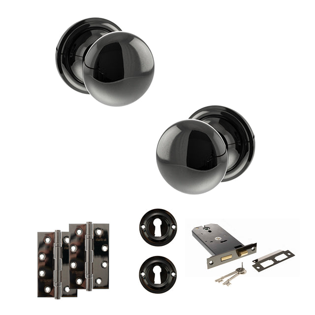 Quality image of Old English Harrogate Door Knob Pack (Lock Set - Horizontal Sashlock, 4" Slim Knuckle Hinges x2) - Black Nickel | Sku. adpoe58mmkbn73 | available from Trade Door Handles.