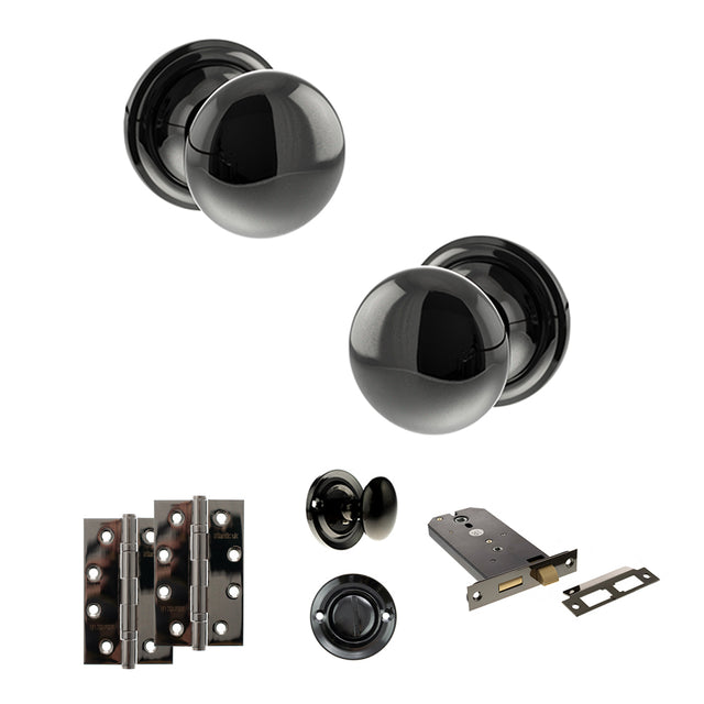 Quality image of Old English Harrogate Door Knob Pack (Lock Set - Horizontal Bathlock, 4" Slim Knuckle Hinges x2) - Black Nickel | Sku. adpoe58mmkbn74 | available from Trade Door Handles.