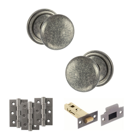 Quality image of Old English Harrogate Door Knob Pack (Latch Set - 4" HD Latch, 3" Fire Rated Hinges x3) - Distressed Silver | Sku. adpoe58mmkds55 | available from Trade Door Handles.