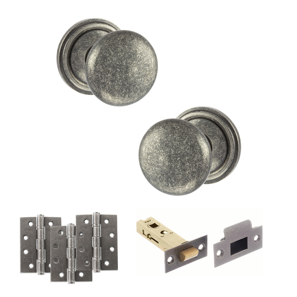 Quality image of Old English Harrogate Door Knob Pack (Latch Set - 3" HD Latch, 4" Fire Rated Hinges x3) - Distressed Silver | Sku. adpoe58mmkds56 | available from Trade Door Handles.