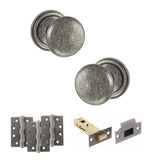 Quality image of Old English Harrogate Door Knob Pack (Latch Set - 3" HD Latch, 4" Fire Rated Hinges x3) - Distressed Silver | Sku. adpoe58mmkds56 | available from Trade Door Handles.